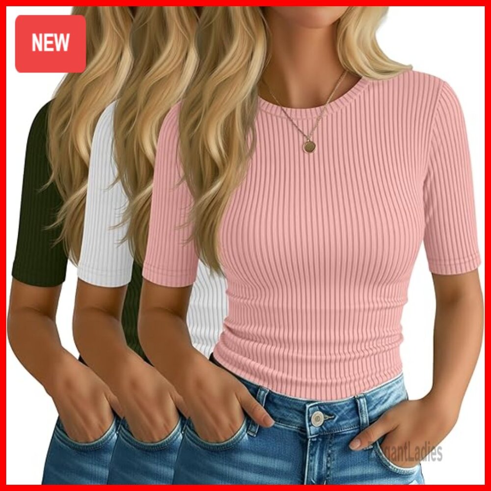 3 Pack Slim Fit Ribbed Cotton Tees Half Sleeve Crew Neck Tops